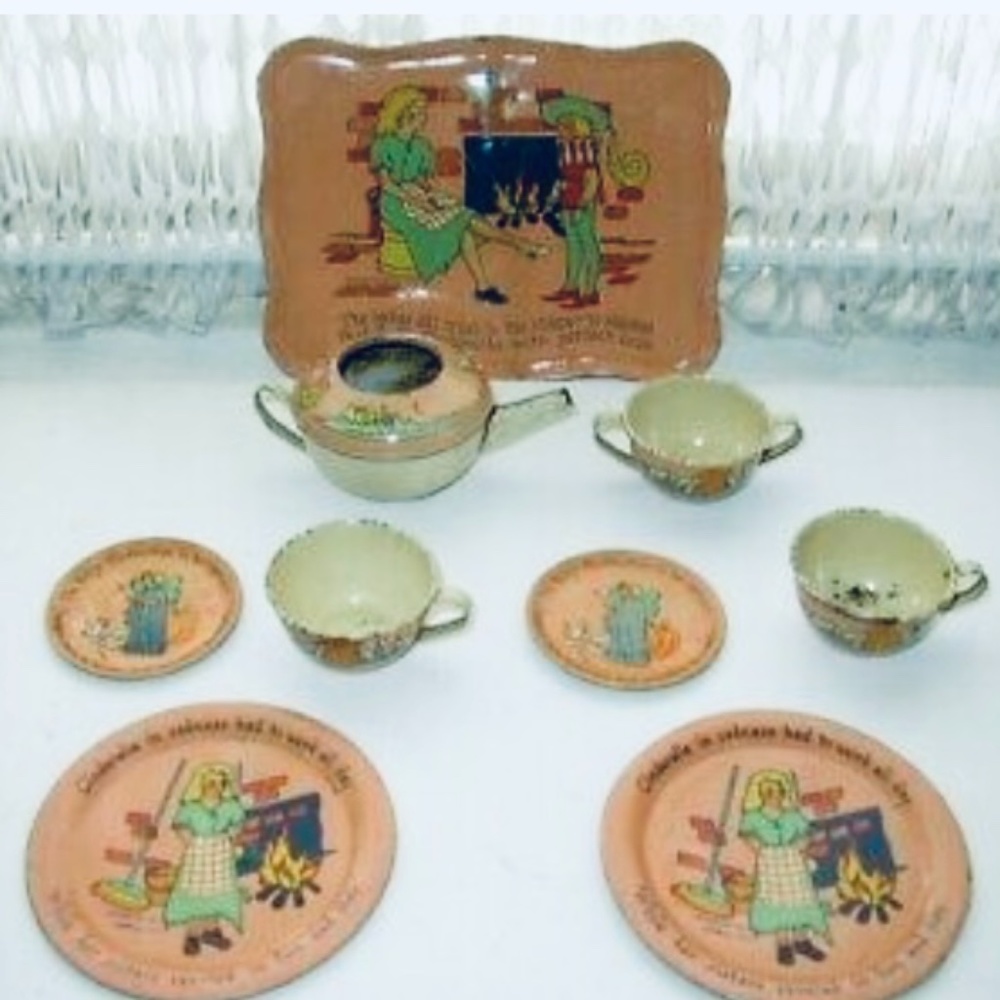 1930s Ohio Art, Fern B. Peat Cinderella 9-pc Child’s Tin Tea Set